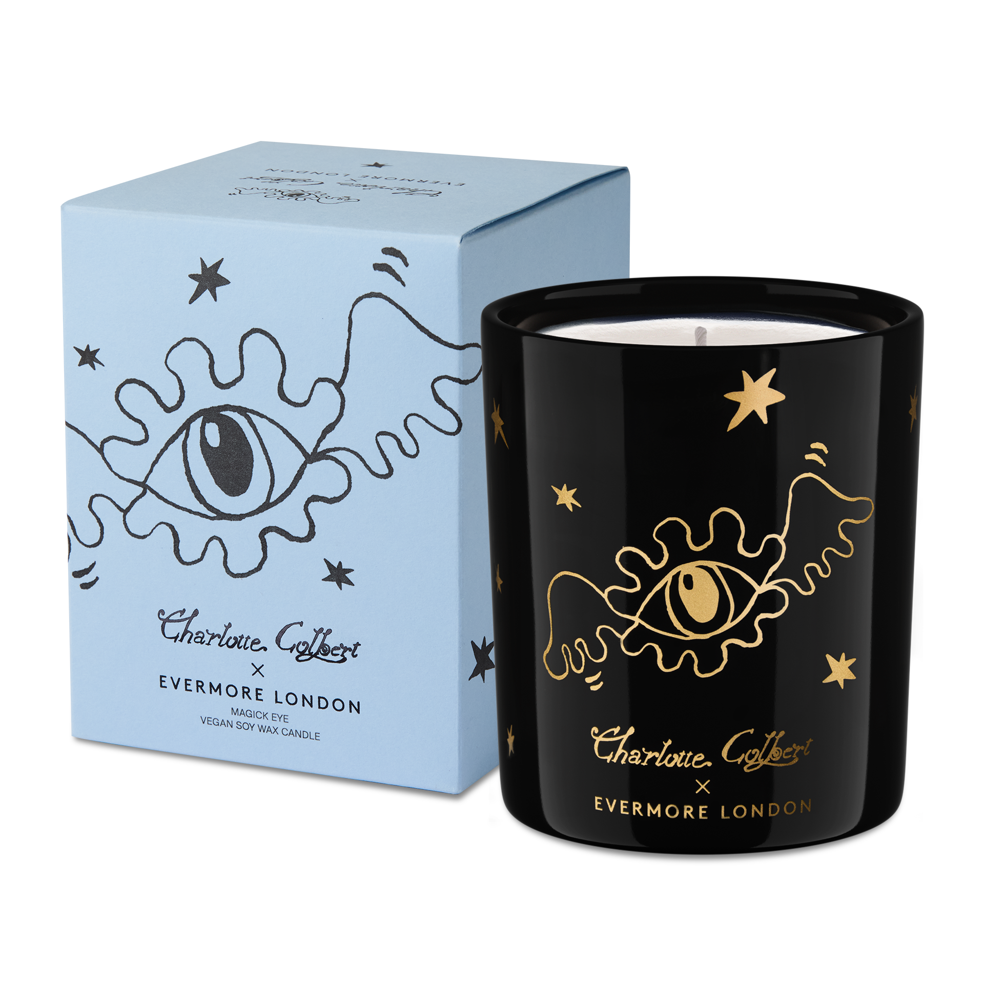 Black candle with gold designs and a matching blue box featuring an eye illustration, both branded with Charlotte Collet and Evermore London.